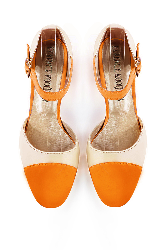 Apricot orange and champagne white women's open side shoes, with an instep strap. Round toe. Medium block heels. Top view - Florence KOOIJMAN